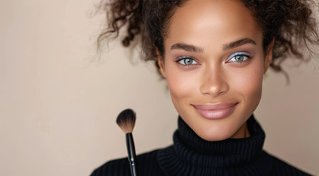 A woman with long brown hair pulled back, wearing a black turtleneck, smiles softly at the camera. Her light brown skin is smooth, and her green eyes sparkle.の素材
