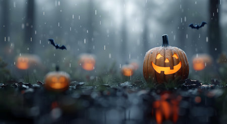 A glowing jack-o'-lantern sits on the forest floor with other pumpkins in the background, lit by candles and surrounded by fallen leaves.の素材