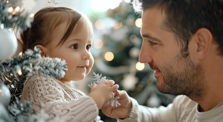 A young girl smiles as she helps her father decorate a Christmas tree. They are both dressed in white sweaters and are looking at each other with smiles.の素材