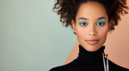 A woman with long brown hair pulled back, wearing a black turtleneck, smiles softly at the camera. Her light brown skin is smooth, and her green eyes sparkle.の素材