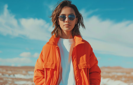 A woman in a bun and orange jacket stands in a snowy landscape. She wears sunglasses with a blue turtleneck sweater and jeans, looking at the camera with a neutral expressionの素材