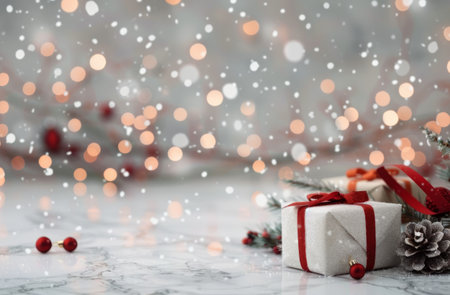 A white candle burns brightly beside a silver gift box with a red ribbon. The scene is decorated with Christmas greenery and lights, creating a festive atmosphere.の素材
