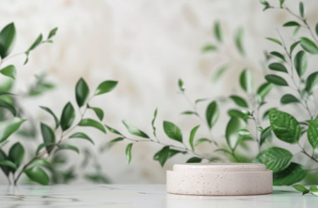A white platform sits on a white surface, surrounded by green leafy branches.の素材