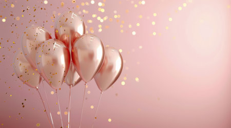 A bunch of pink and white balloons are tied together with strings, floating against a soft pink background. Gold confetti is falling around the balloons.の素材