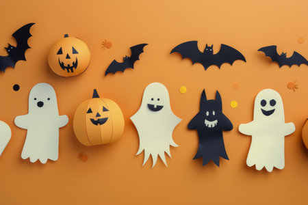 Paper ghosts, bats, and pumpkins against an orange background.の素材