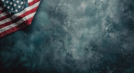 A folded American flag with red and white stripes and blue stars rests on a blue, textured background.の素材