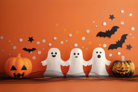 Paper ghosts and bats are scattered across an orange background. Small pumpkins are also placed throughout the image.の素材