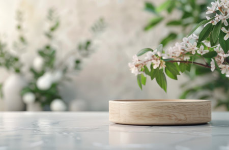 A close-up of a wooden platform, with a branch of white flowers delicately reaching down from above. The background is a soft, blurred image of more flowers and foliage.の素材