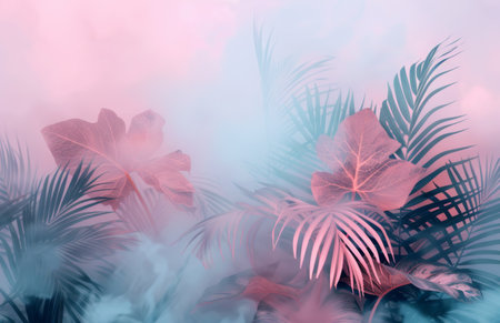 Tropical leaves are silhouetted against a soft pink background, creating a dreamy and ethereal atmosphere. The leaves are soft and slightly blurred, with a gentle haze obscuring the edges, making them appear delicate and delicate.の素材