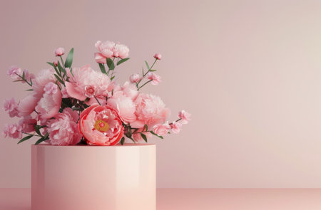 Pink peonies, blossoms, and white spheres float in the air above a pink pedestal. The flowers and orbs are scattered on a pink surface.の素材