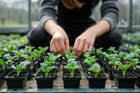 A close-up view of a hand carefully touching a row of young green seedlings growing in individual pots in a greenhouse setting.の素材