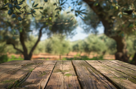 A wooden table stands with an olive tree in the background.の素材
