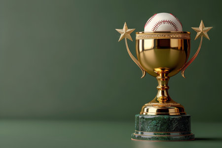 A gold baseball trophy with a star on top and a green ribbon around the base is on a teal background.の素材