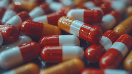 A detailed view of numerous red and white pills placed closely together.の素材
