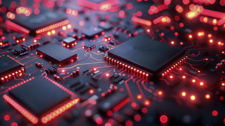 A detailed view of a circuit board with vibrant red lights illuminating the intricate electronic components.の素材