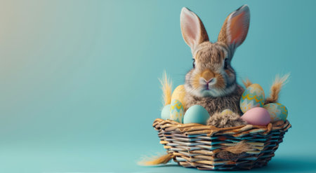 A brown Easter bunny sits in a wicker basket full of colorful Easter eggs against a blurry, blue background.の素材