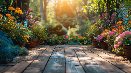 Several potted plants arranged on a wooden table, showing various types and sizes of greenery in pots.の素材