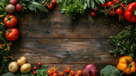 A rustic wooden surface is surrounded by a variety of fresh vegetables, including tomatoes, peppers, onions, potatoes, and leafy greens.の素材