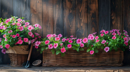 Several baskets lined up in a row, each overflowing with vibrant pink flowers.の素材