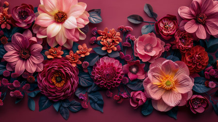 A painting featuring various flowers and leaves set against a pink background, showing vibrant colors and intricate details.の素材