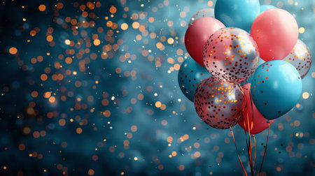 Several bright balloons of various colors floating in the sky during an event or celebration.の素材