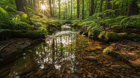 A stream cuts through the dense foliage of a vibrant green forest, creating a dynamic landscape of water and lush vegetation.の素材