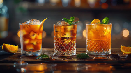 Close-up of four colorful cocktails garnished with orange slices and sprigs of rosemary, resting on a wooden table.の素材