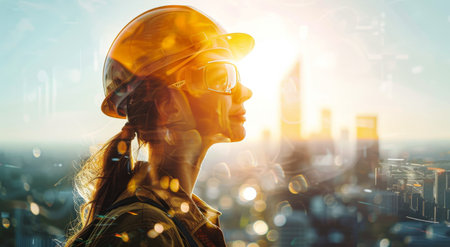 A female construction worker, wearing a hard hat and safety glasses, looks out over a city skyline.の素材