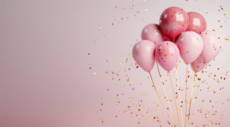 A bunch of pink and white balloons are tied together with strings, floating against a soft pink background. Gold confetti is falling around the balloons.の素材