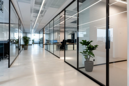 A long, bright hallway in a modern office with glass partitions separating workspaces. The hallway has a polished concrete floor and is lit by overhead lights. The windows on one side offer a view of the cityscape.の素材
