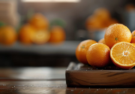 Oranges sit in a white ceramic bowl on a wooden kitchen counter. The oranges are in focus, while the background is blurred.の素材