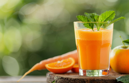 A glass of freshly made orange and carrot juice sits on a wooden surface. It is garnished with a sprig of mint and surrounded by a carrot and orange slices. The background is a blurred shot of greenery.の素材