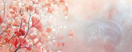 Soft, delicate ginkgo leaves shimmer in the warm sunlight. The background is a soft blur of pink and white, creating a dreamy atmosphere.の素材