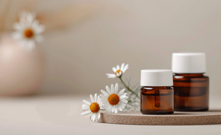 Two amber glass bottles with white caps filled with essential oil sit on a wooden coaster. A sprig of chamomile flowers is next to the bottles.の素材