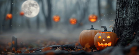 Jack-o'-lanterns sit lit at the base of a tree in a foggy forest. The bright moon shines above, illuminating the scene.の素材