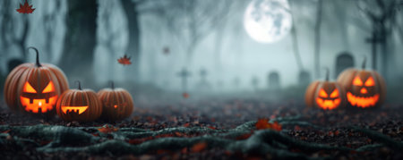 Jack-o'-lanterns sit lit at the base of a tree in a foggy forest. The bright moon shines above, illuminating the scene.の素材