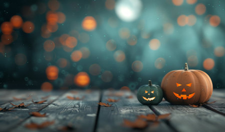 Two carved pumpkins sit on a wooden table with leaves scattered around them. The pumpkins are illuminated with warm light, casting a soft glow against the blurred background of orange and green lights.の素材