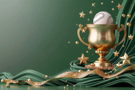 A gold baseball trophy with a star on top and a green ribbon around the base is on a teal background.の素材