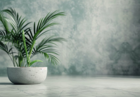 A close-up of a table with three potted plants. The plants have long, green leaves. The background is a blurred green wall.の素材