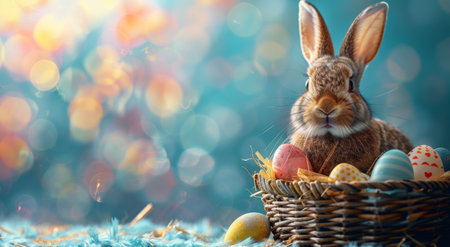 A brown Easter bunny sits in a wicker basket full of colorful Easter eggs against a blurry, blue background.の素材