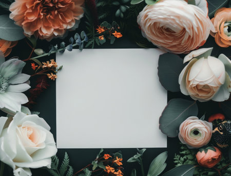 A blank white card sits in the center of a floral arrangement. White orchids, pink roses, and red flowers surround the card, with green foliage and a chameleon also visible.の素材