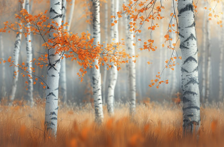 A birch forest with a single tree in the foreground, its branches draped with orange leaves. The trees are silhouetted against a backdrop of soft, white fog.の素材