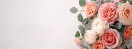 Pink and white roses with eucalyptus leaves on a white background. Various stages of blooming, clustered at bottom right with leaves extending leftの素材