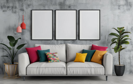 A white sofa with colorful throw pillows sits in front of a gray concrete wall. Three framed pictures hang above the sofa. A potted plant stands next to the sofa.の素材