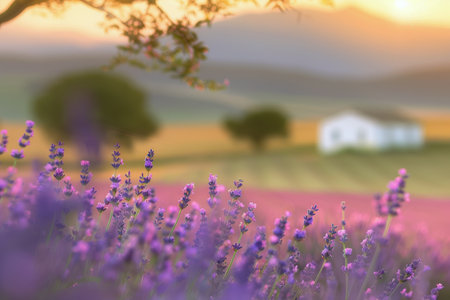 A field of lavender blooms in the golden hour, with a white house and trees in the distance, and the sun setting behind them.の素材