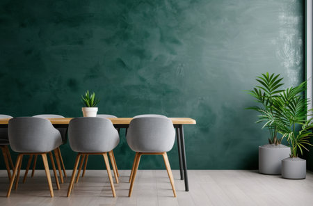 A modern dining room with a large green wall, a wooden table, and six gray chairs. A white pendant light hangs above the table. There are also four potted plants in front of a large window that looks out onto a lush green wall.の素材