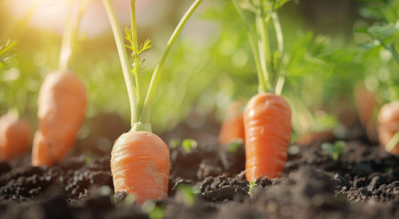 A single orange carrot is growing out of the ground in a garden. The carrot is surrounded by loose, dark soil. The plant's green leaves reach upwards towards the sun.の素材