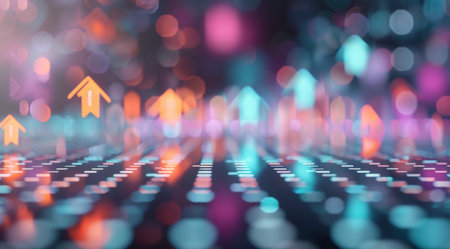An abstract background with a grid pattern and colorful bokeh lights, featuring multiple upward arrows in various colors.の素材