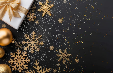Golden snowflakes with glittering details are scattered on a black background with blurred lights and a gold ribbon. The image evokes a festive and magical feeling.の素材
