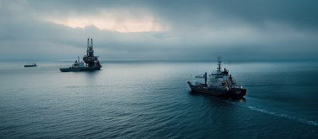 Three ships navigate the open ocean under cloudy skies. The largest ship is in the foreground, while a smaller ship and a large oil rig are in the background.の素材